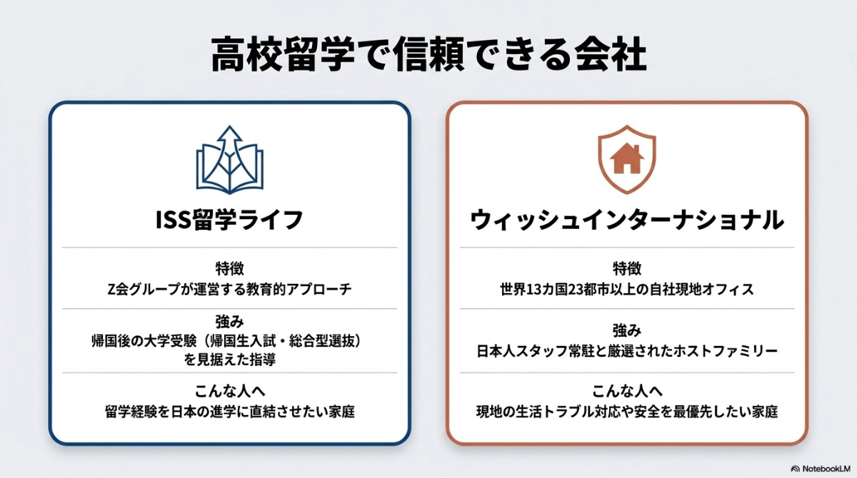 ISS留学ライフとウィッシュインターナショナルの特徴と強みを比較した、高校留学で信頼できる会社スライド