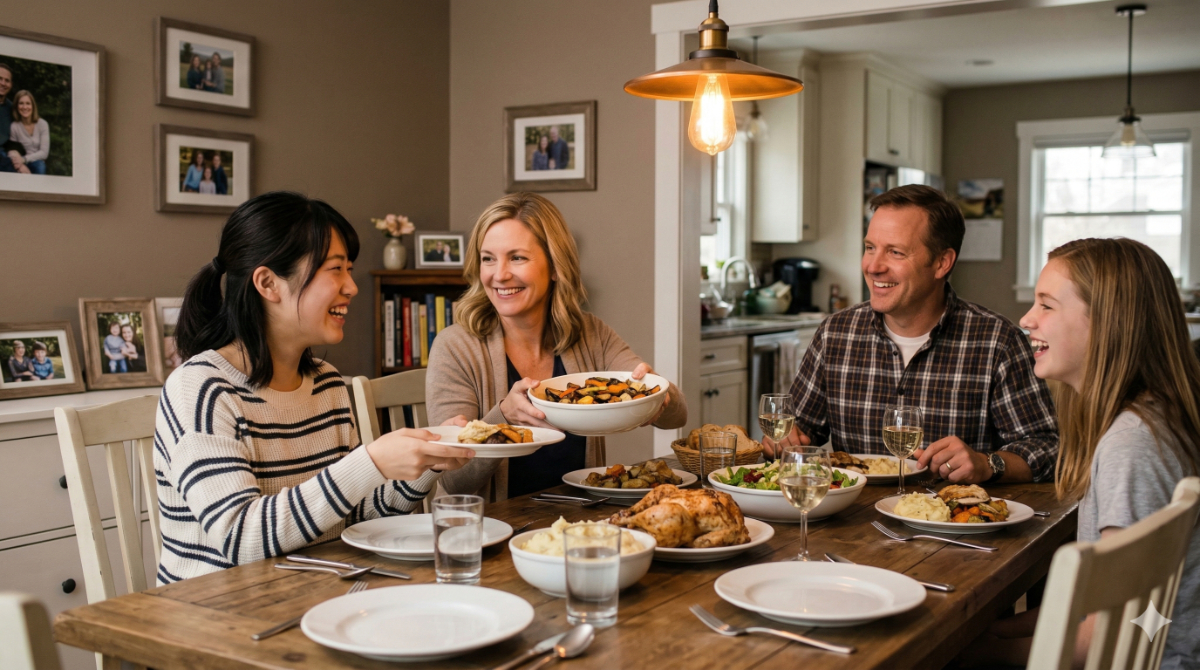 ホームステイ先でホストファミリーと食卓を囲み、異文化交流を楽しむ日本人留学生