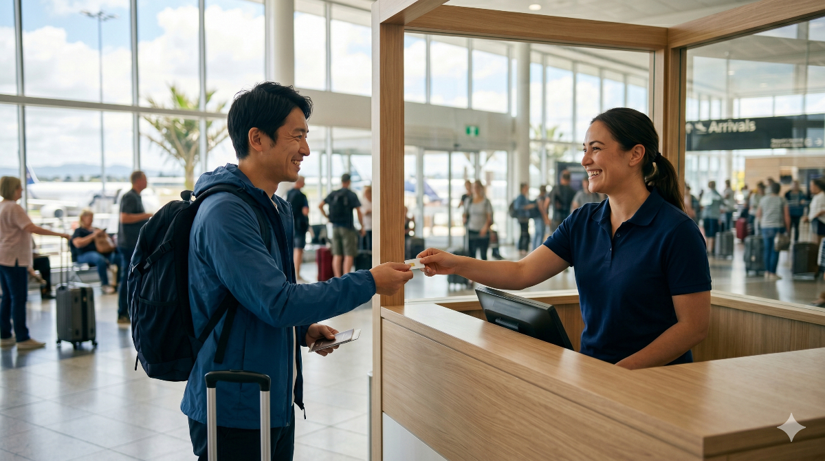ニュージーランドの空港の到着ロビーにある大手通信キャリアのカウンターで、スタッフから物理SIMカードを受け取る日本人旅行者。