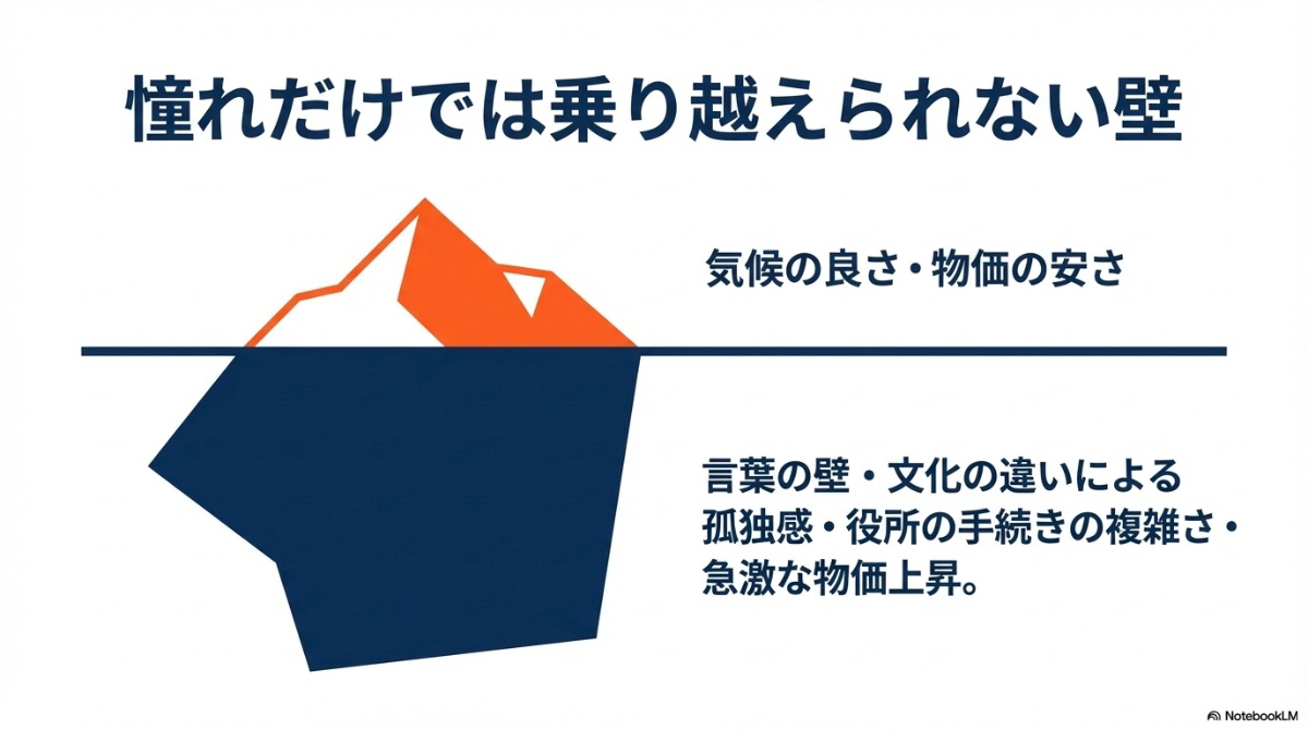 気候の良さや物価の安さという憧れだけでなく、言葉の壁や文化の違い、孤独感、手続きの複雑さといった乗り越えるべき現実の壁を示したスライド。