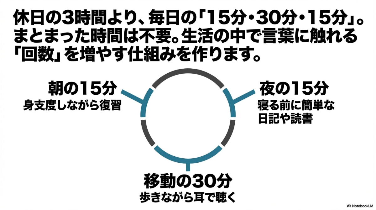 朝の身支度15分、移動の30分、夜寝る前の15分を活用し、生活の中で英語に触れる回数を増やす社会人向け時間術