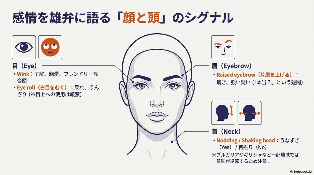 ウインクやアイコンタクトなど感情を伝える顔と頭のシグナル