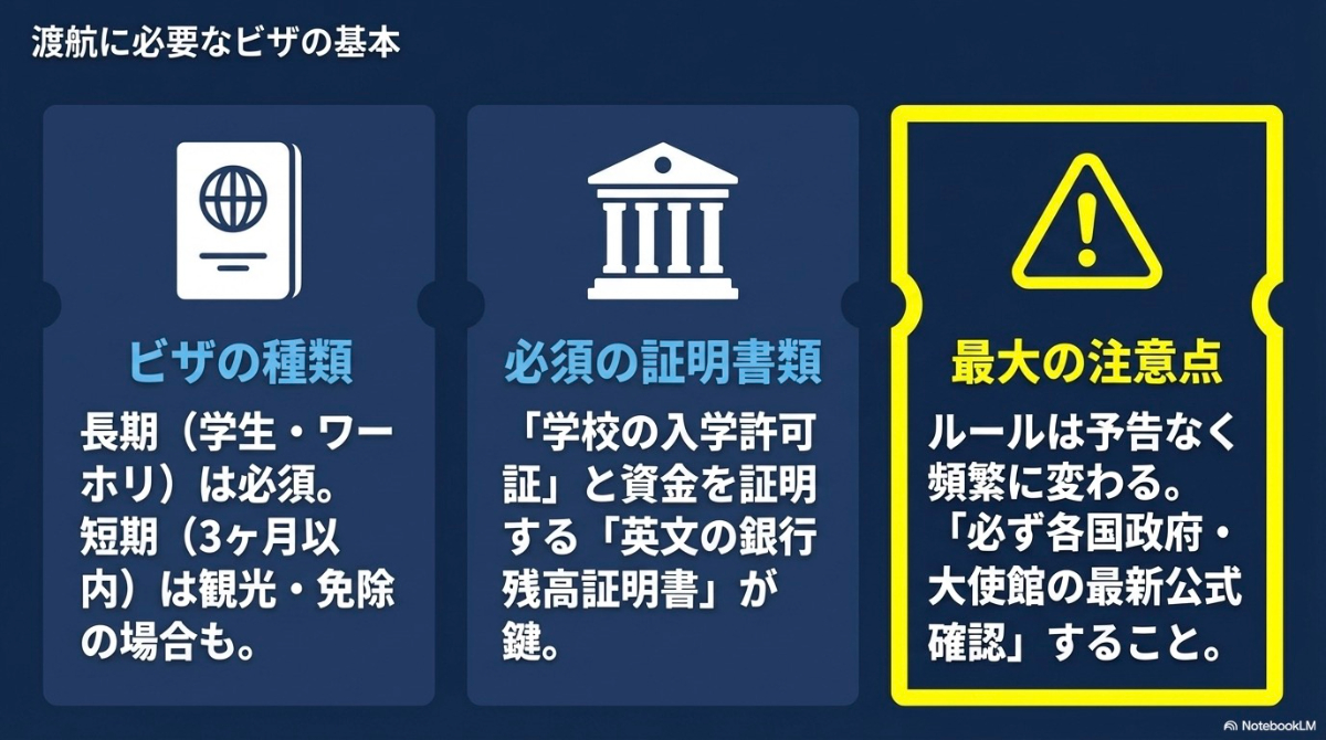 渡航に必要なビザの種類、必須となる証明書類（入学許可証と英文の銀行残高証明書）、およびルール変更に関する注意点をまとめた図。
