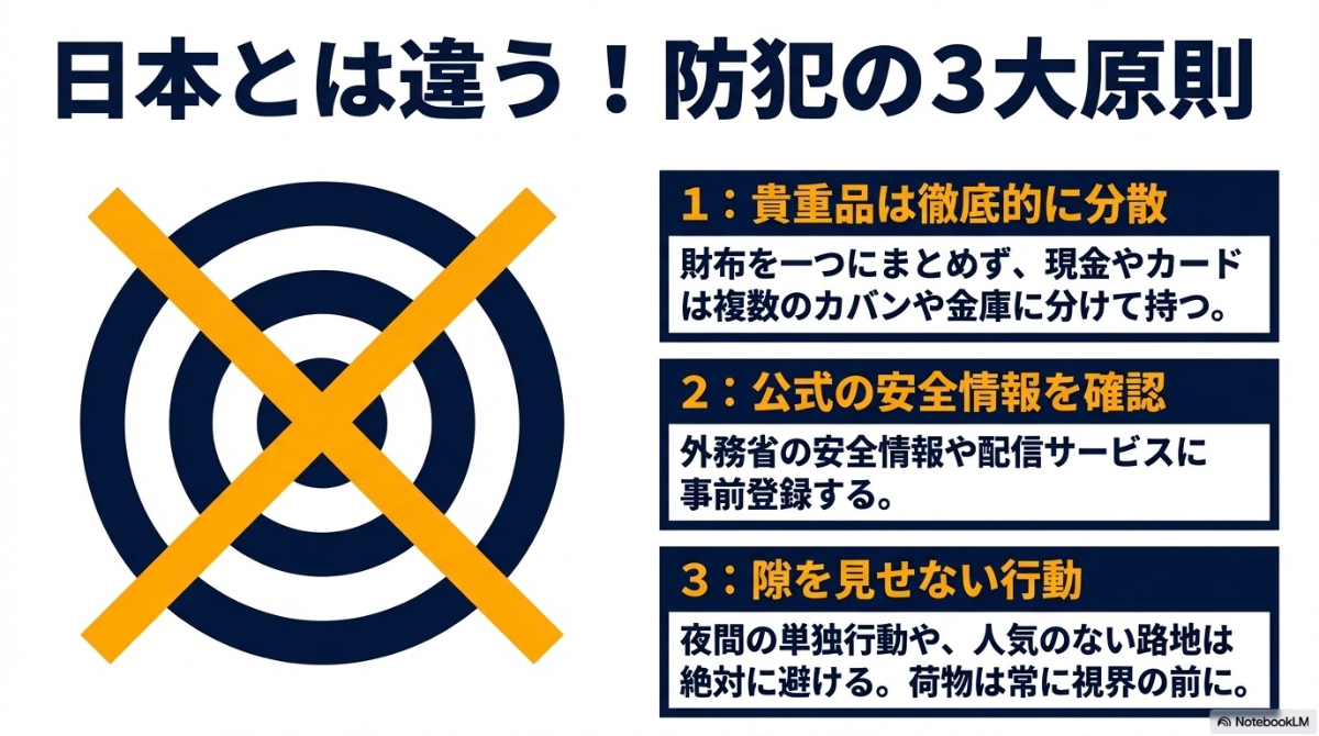 日本とは違う防犯の3大原則。貴重品の分散、公式の安全情報確認、隙を見せない行動