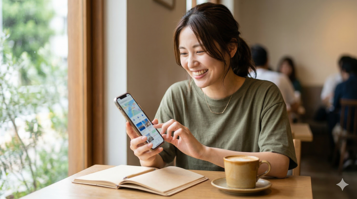 カフェでスマートフォンを使い、笑顔で海外旅行の計画を立てる日本人女性。