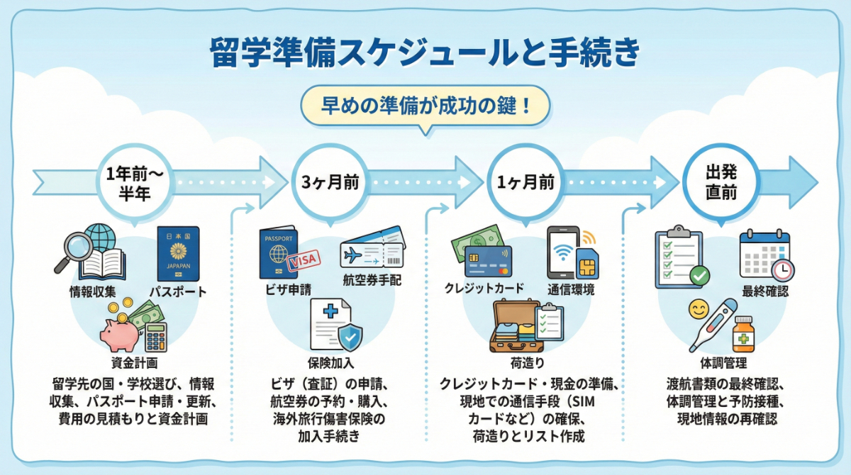  留学準備のスケジュールと手続きを示すタイムライン形式のインフォグラフィック。1年前から出発直前までの準備の流れ（情報収集、ビザ申請、航空券・保険手配、お金・通信の準備など）を、時期ごとにアイコンとテキストで図示。早めの準備の重要性を強調。