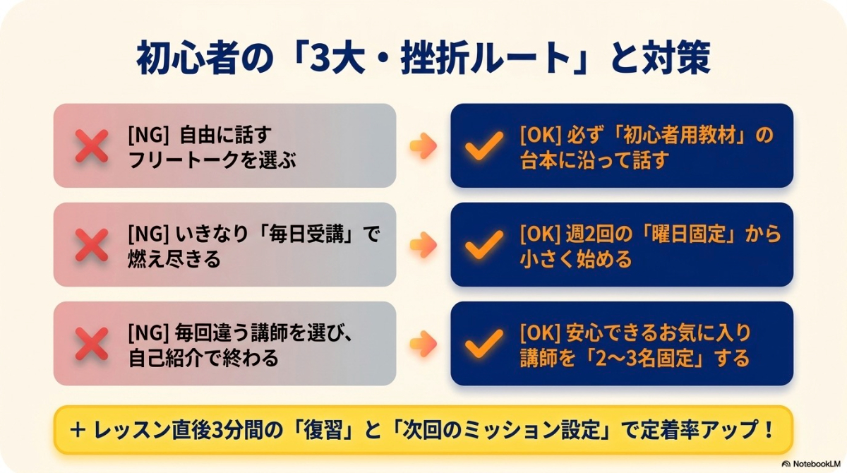 初心者向け教材の使用、曜日の固定、お気に入り講師の固定といった上達のための対策