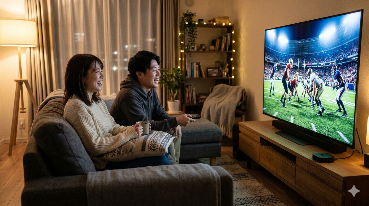 日本の一般的なリビングルームで、夜に大画面テレビでアメリカのプロスポーツ(アメフト)を観戦している日本人カップルの様子。