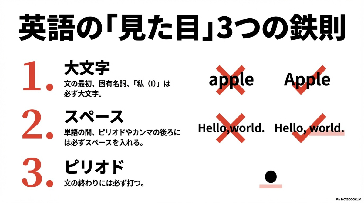 大文字、スペース、ピリオドの使い方を解説した、英語ライティングにおける見た目の3つの鉄則。