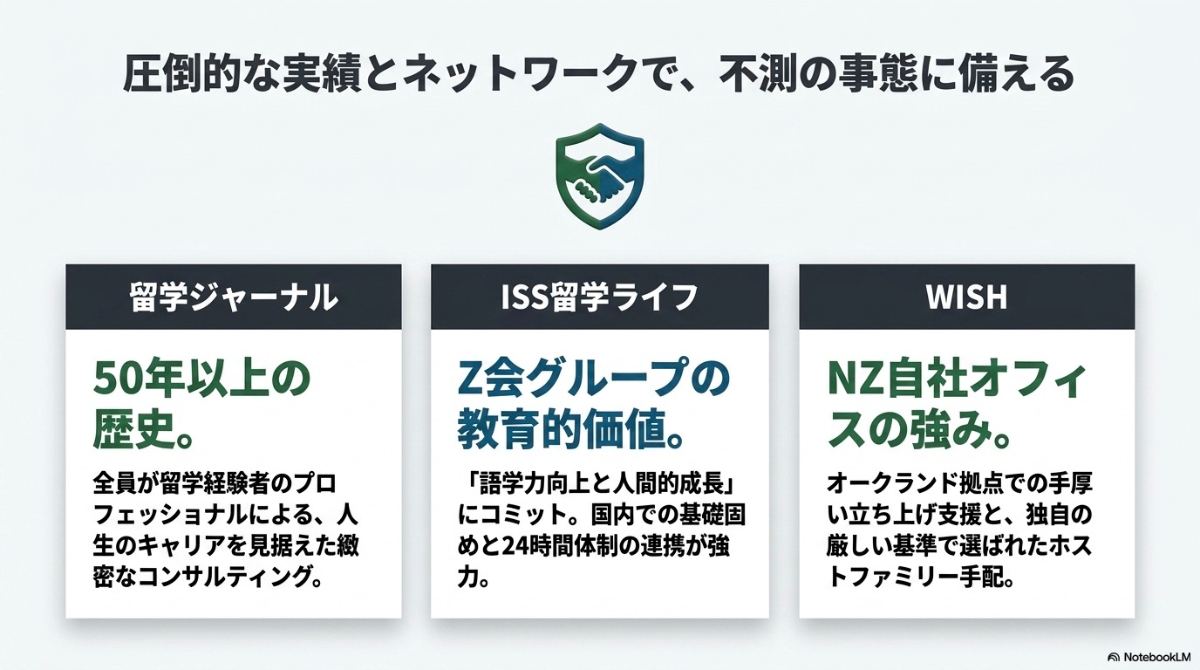 50年の歴史を持つ留学ジャーナル、教育価値を重視するISS留学ライフ、自社オフィスを持つWISHの3社の強みをまとめたスライド