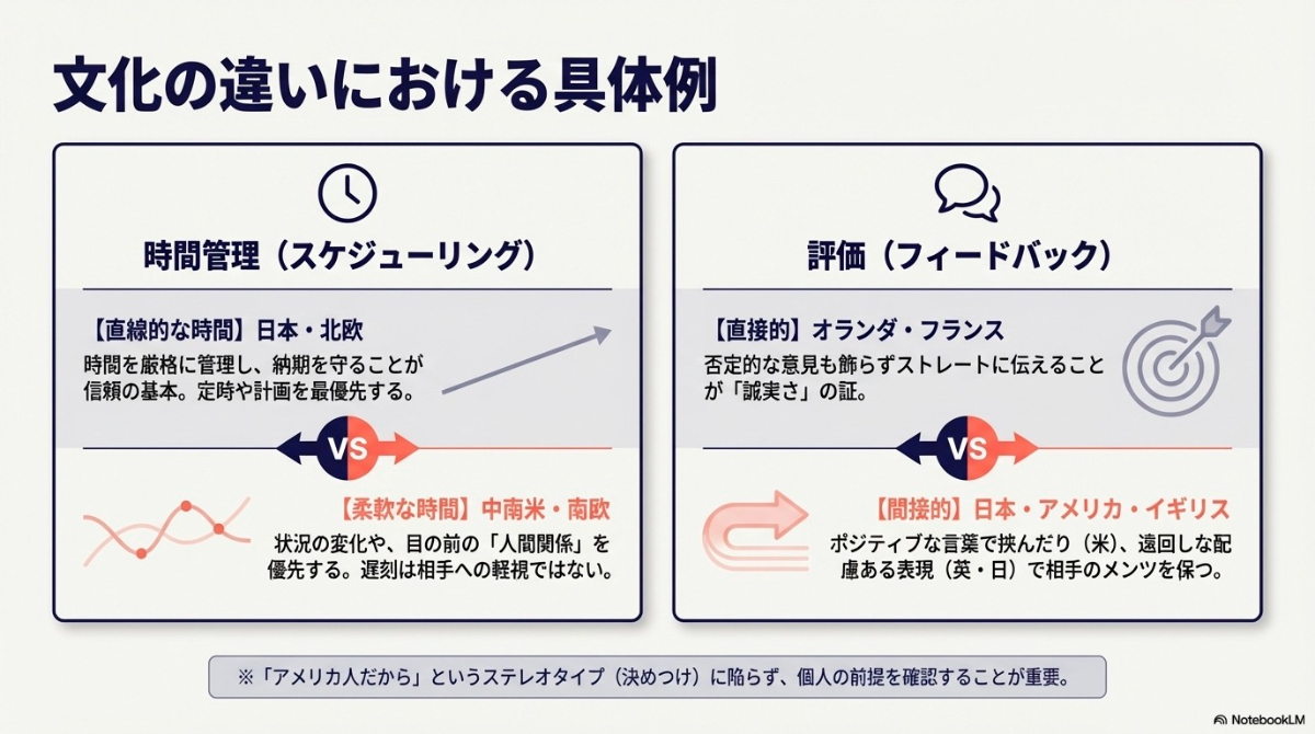 直線的な時間と柔軟な時間の違い、および直接的・間接的なフィードバックの伝え方の違いを示す図