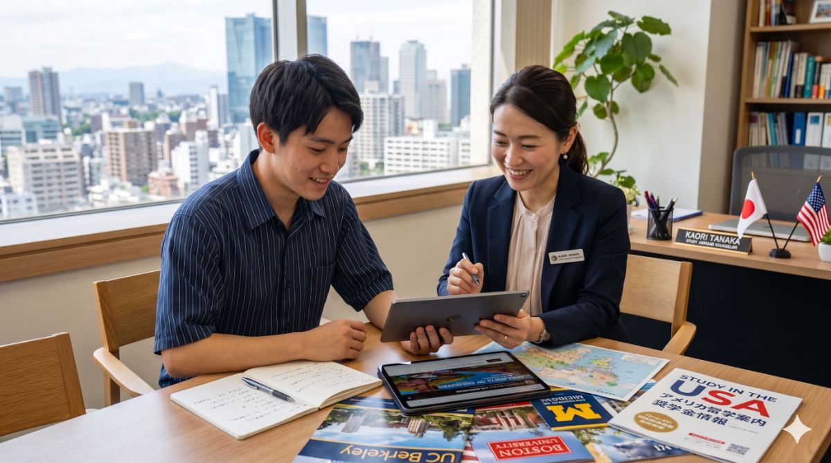 日本人カウンセラーから説明を受け、安心する日本人学生の様子。プロのサポートによる確実な手続きをイメージ。