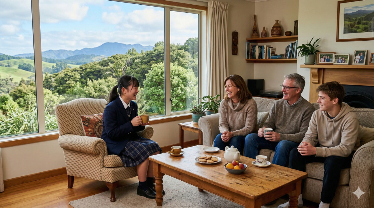 ニュージーランドの自然豊かな穏やかな一般家庭で、ホストファミリーと笑顔で交流する日本人高校生
