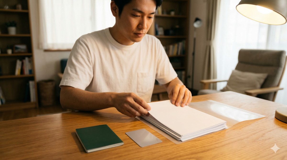 出発前に自宅のデスクで航空券や残高証明書などの渡航書類を丁寧に確認・準備する様子