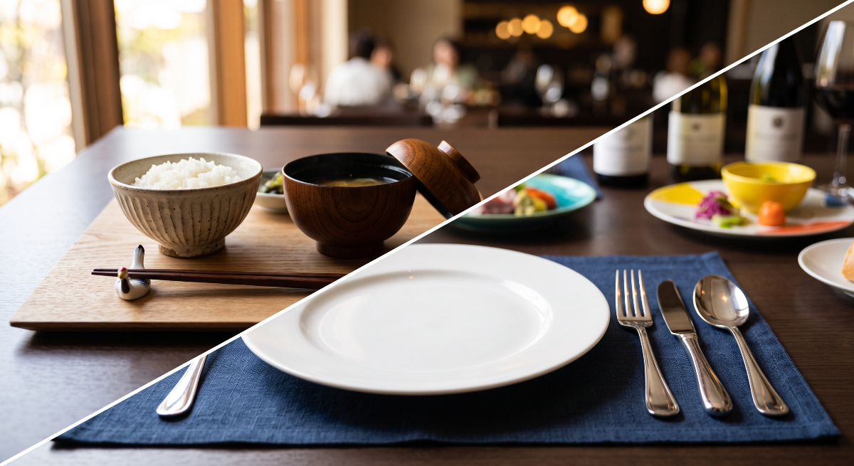 日本の箸と和食器、海外のカトラリーと洋食器が並ぶ食卓を比較したイメージ