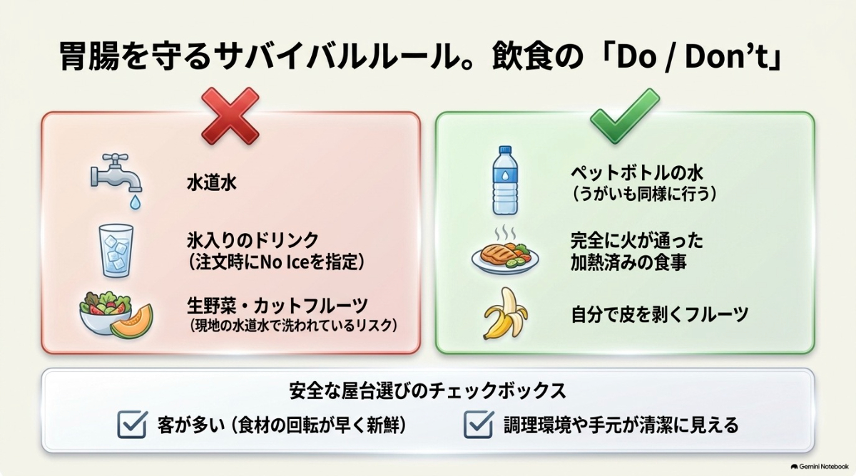 水道水や氷、生野菜などを避け、加熱された食事やペットボトルの水を選ぶなど、海外での衛生管理のポイント