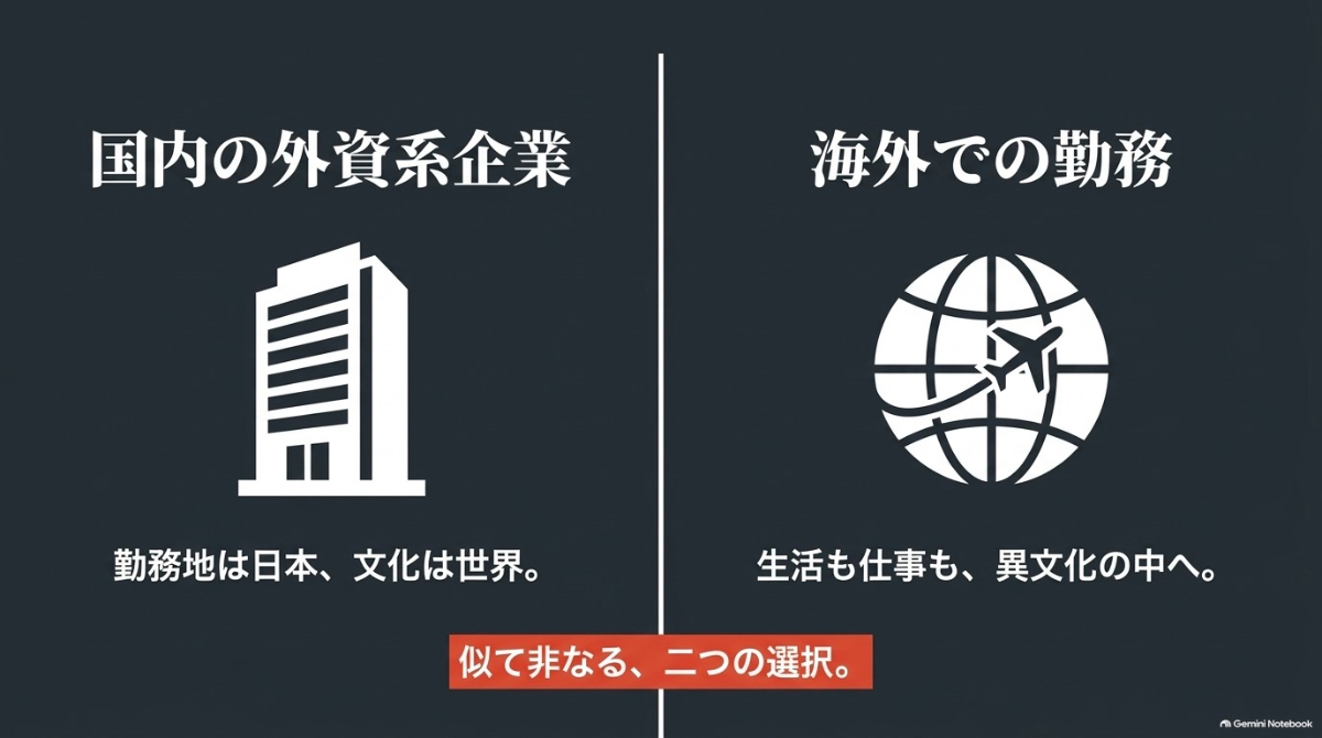 勤務地が日本の外資系企業と生活も仕事も異文化の中へ入る海外勤務の2つの選択を比較した図