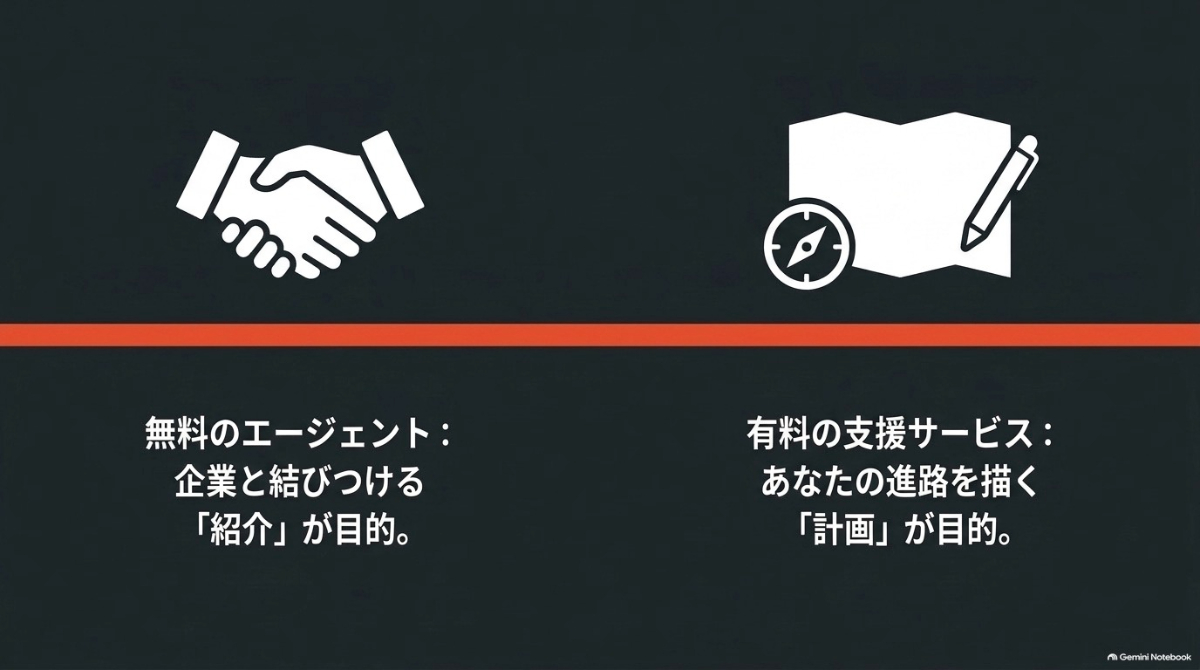企業との紹介が目的の無料エージェントと進路の計画が目的の有料キャリア支援サービスの違いを比較した図