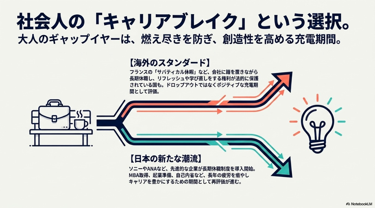 社会人がキャリアの途中で取得するキャリアブレイク(大人のギャップイヤー)に関する海外のスタンダードと日本の潮流