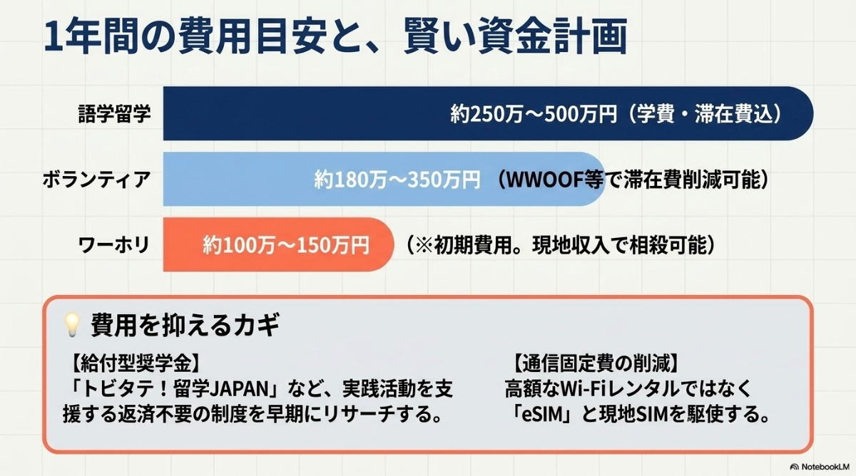 語学留学、ボランティア、ワーホリの1年間の費用目安と費用を抑えるポイント