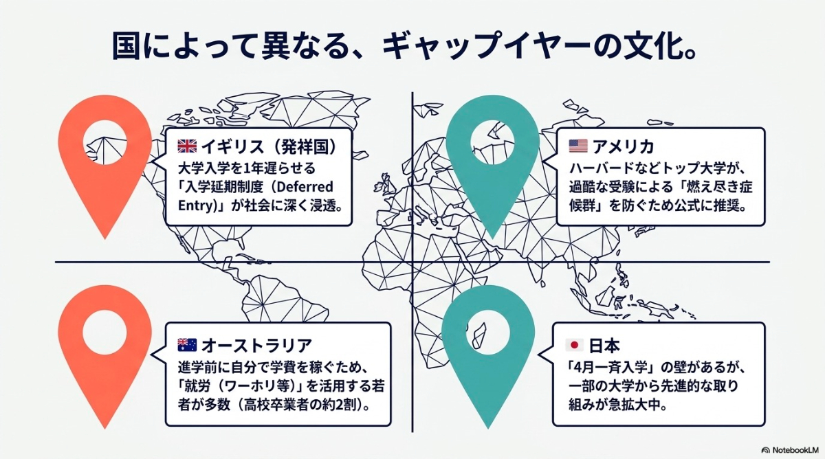 イギリス、アメリカ、オーストラリア、日本におけるギャップイヤーの文化や捉え方の違いをまとめたスライド