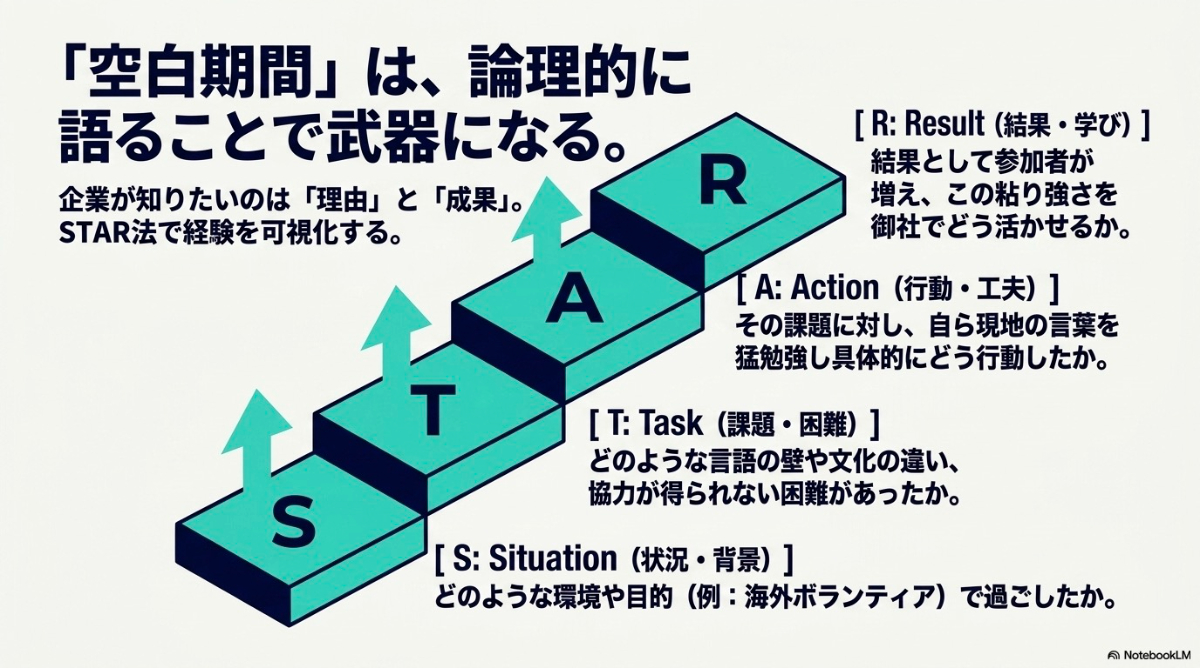 就職活動の面接でギャップイヤーの経験を論理的に伝えるためのSTAR法(状況、課題、行動、結果)