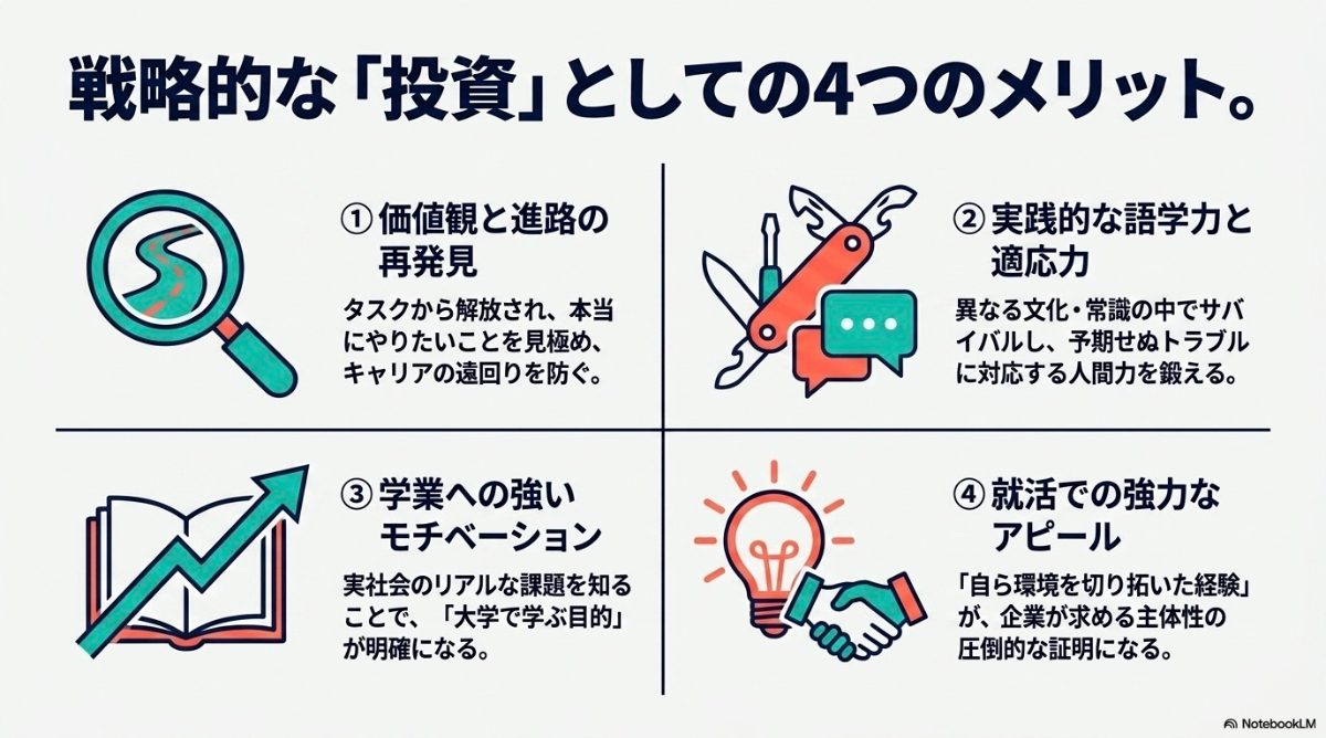 価値観の再発見、語学力と適応力、学業へのモチベーション、就活でのアピールなど、ギャップイヤーの4つのメリット