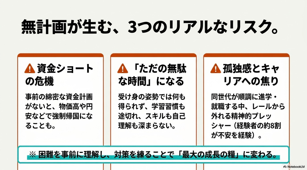 資金ショート、無駄な時間、孤独感やキャリアへの焦りといったギャップイヤーの3つのリスク