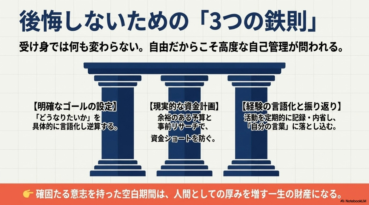 明確なゴールの設定、現実的な資金計画、経験の言語化と振り返りというギャップイヤーを成功させるための3つの鉄則