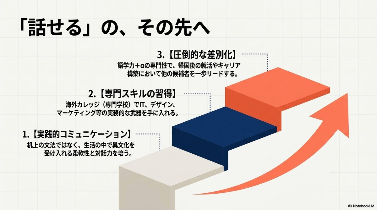 語学留学での実践的コミュニケーション力、専門スキルの習得、就活での差別化を示す図解