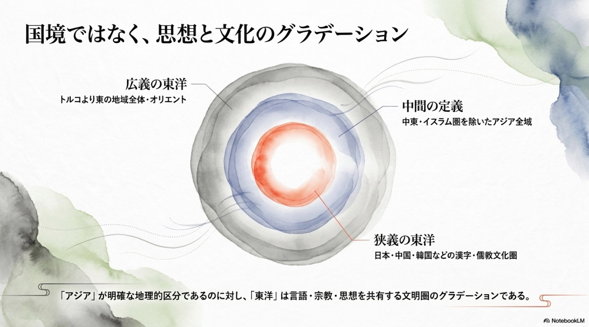 広義から狭義まで、東洋が指す地理的な範囲と思想・文化のグラデーションを示す図
