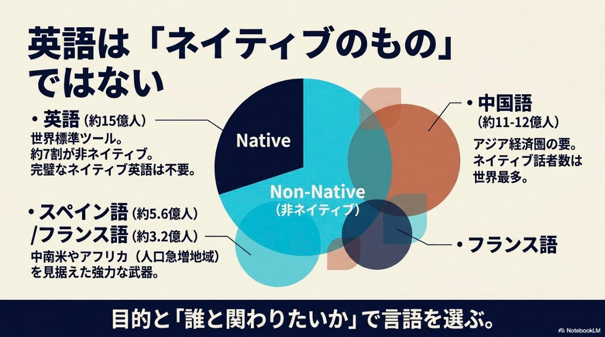 英語、中国語、スペイン語、フランス語などの主要言語と、ネイティブ・非ネイティブの話者割合の図解
