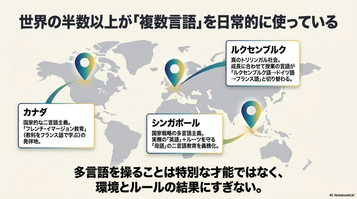 ルクセンブルク、カナダ、シンガポールなど、複数言語を日常的に使っている世界の国々の事例