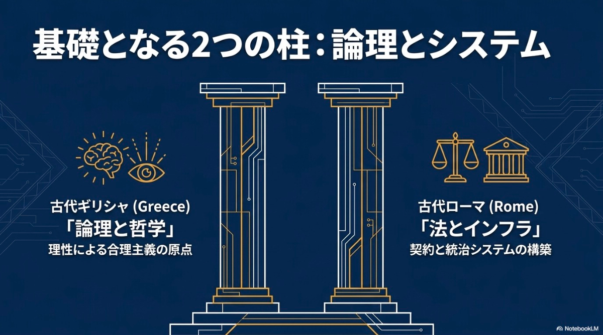 古代ギリシャの哲学、古代ローマの法という西洋文化を支える2つの柱を表した図解