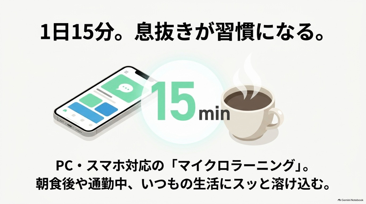 PCやスマホで朝食後や通勤中などの生活に溶け込むGymglishの学習スタイル