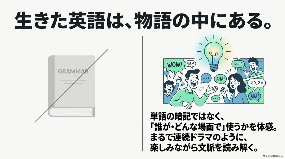 物語の中で誰がどんな場面で使うかを体感できるGymglishの学習アプローチを説明するスライド