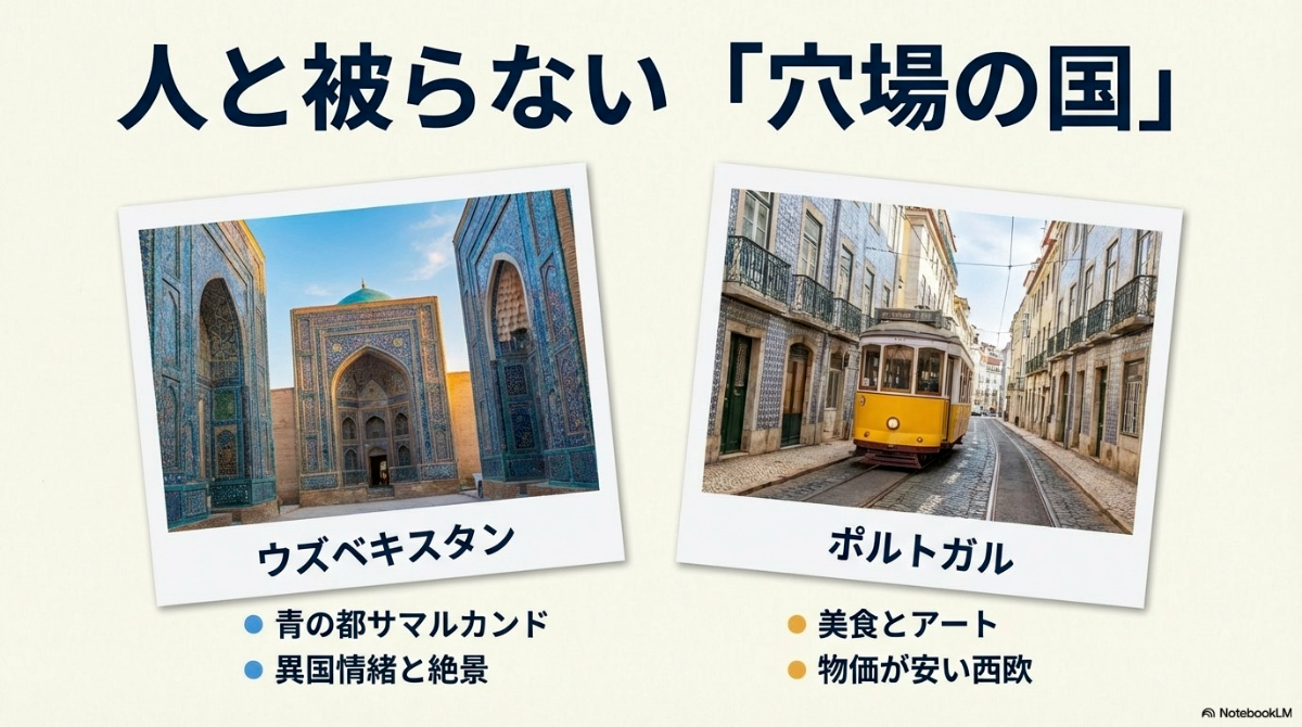 ウズベキスタンのサマルカンドとポルトガルの街並みを紹介する穴場の国のスライド