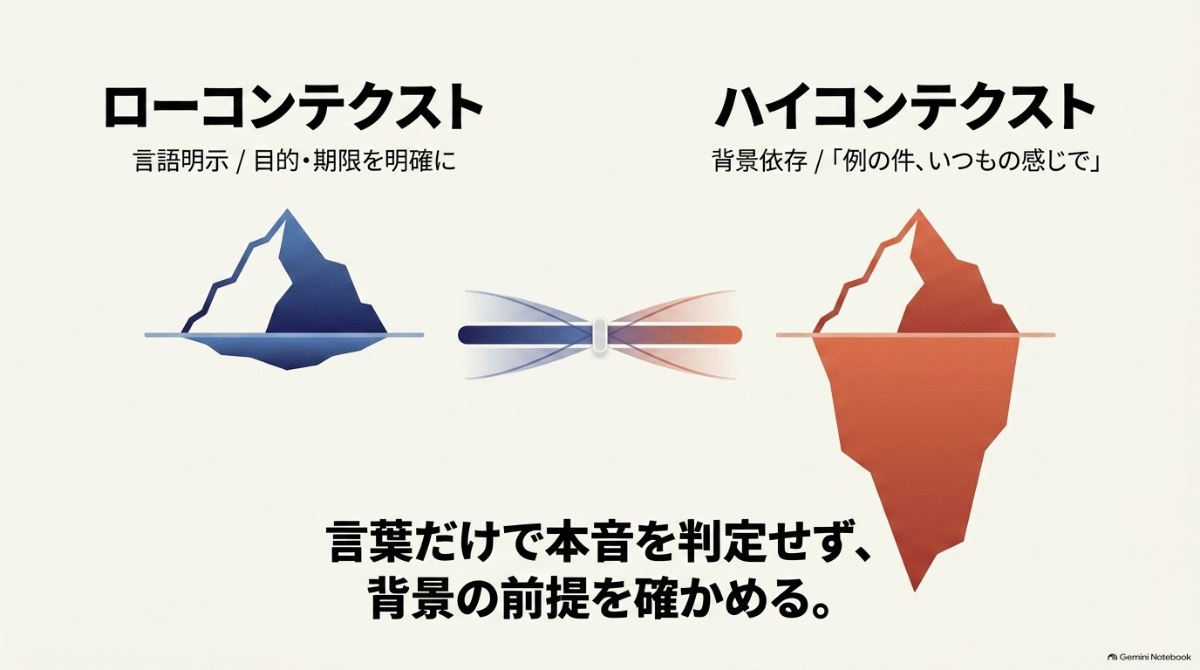言外の背景を共有するハイコンテクストと、明確な言語化を重視するローコンテクストを氷山モデルで説明した図