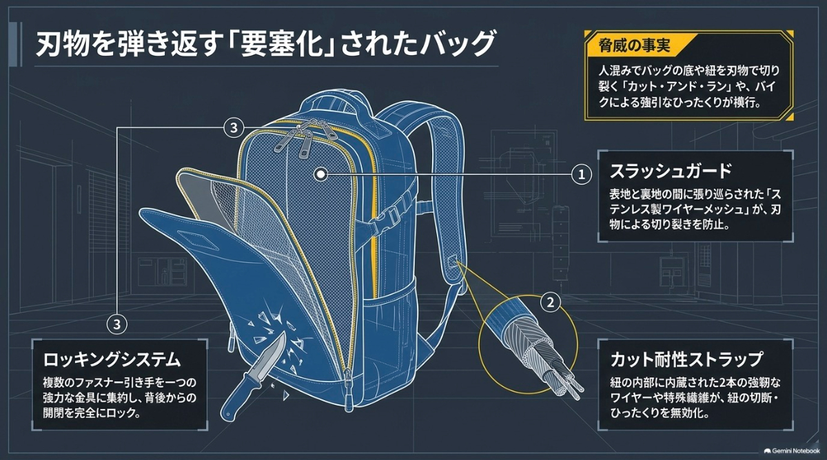 スラッシュガードやカット耐性ストラップ、ロッキングシステムを備えた防犯リュックの機能を紹介した図解
