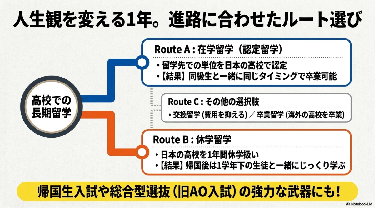 高校生の長期留学における在学留学（認定留学）と休学留学のルート比較