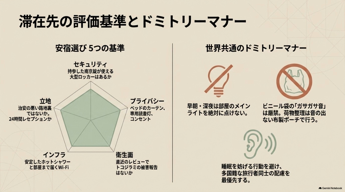 宿選びの基本的な基準とドミトリーにおけるマナーを説明したスライド