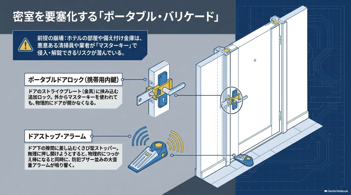 マスターキーでの侵入を防ぐポータブルドアロックと、無理な押し開けを大音量で知らせるドアストップ・アラームの仕組み