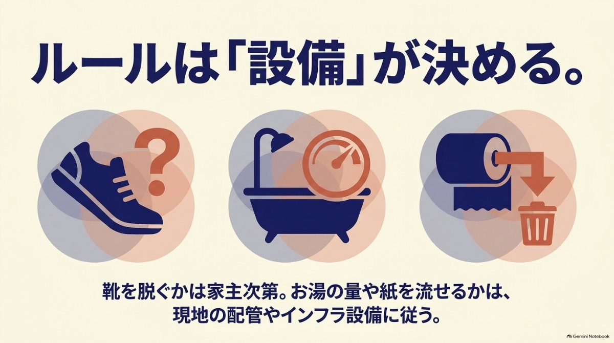靴を脱ぐかは家主次第であり、お湯の量やトイレの紙を流せるかといったルールは、現地の配管やインフラ設備に従うことを示す図