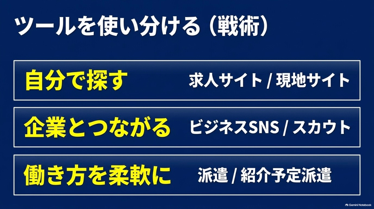 自分で探す求人サイト、企業とつながるビジネスSNS・スカウト、働き方を柔軟にする派遣の3つのツールを使い分ける図解