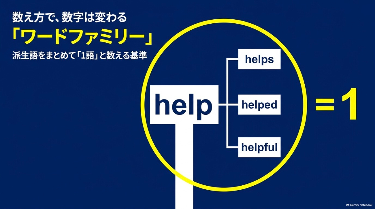英単語の数え方の基準である「ワードファミリー」を解説したスライド図