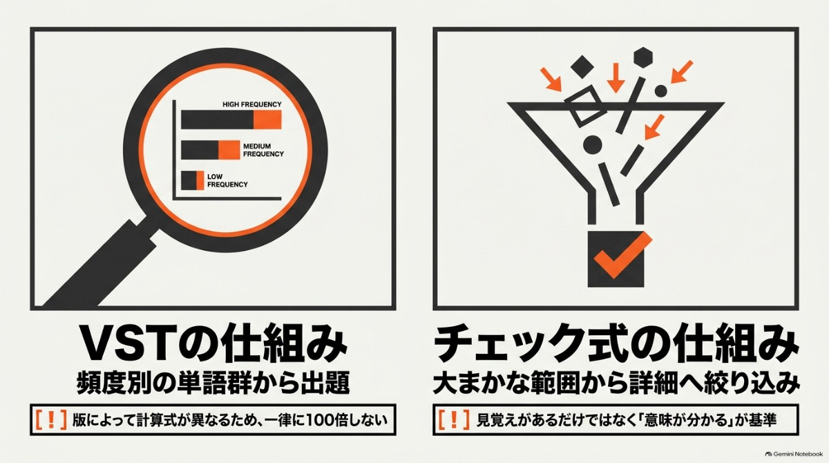 VSTの仕組みと、チェック式テストの仕組みを比較解説した図