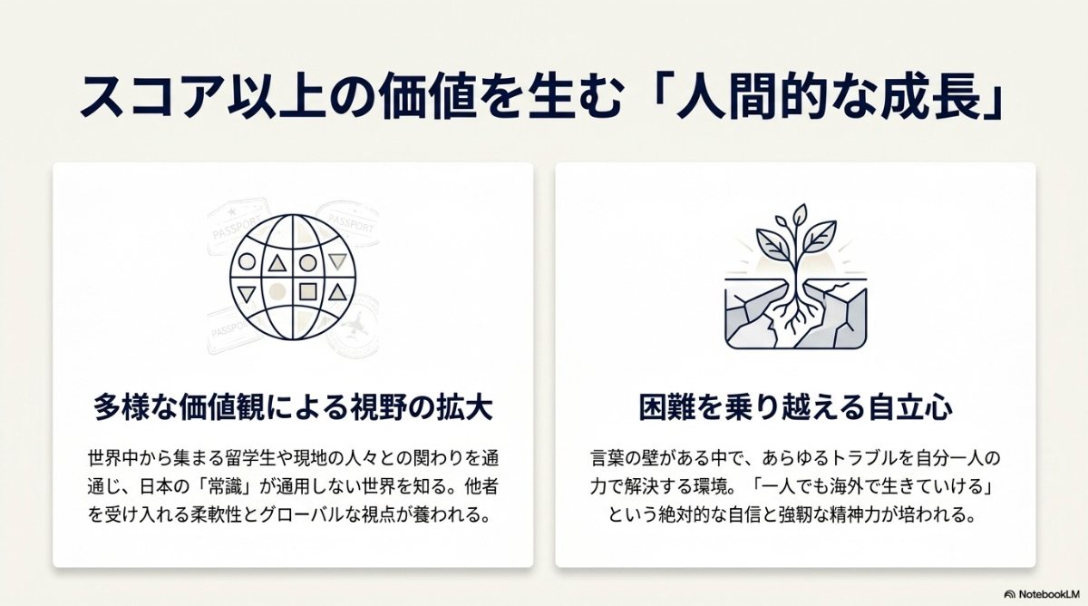 長期留学による多様な価値観による視野の拡大と困難を乗り越える自立心の成長