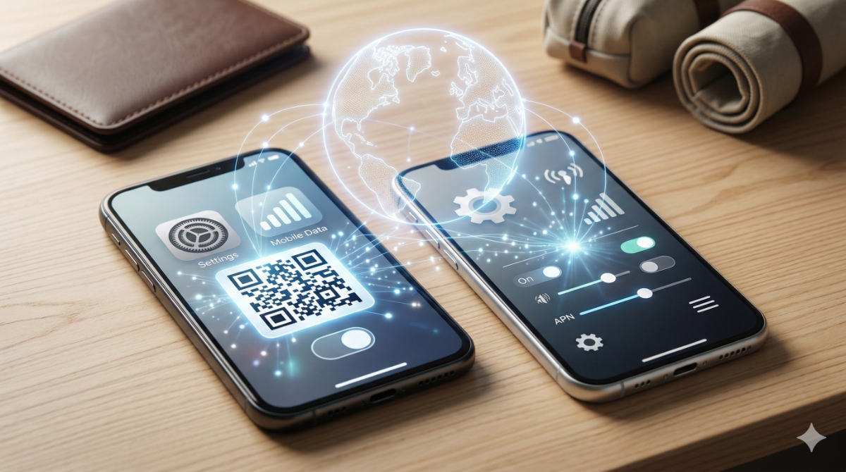 デスク上の2つのスマートフォンの設定イメージ