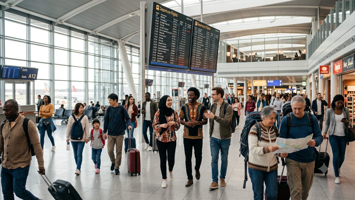 日常的に多言語が飛び交う国際空港ターミナルの様子