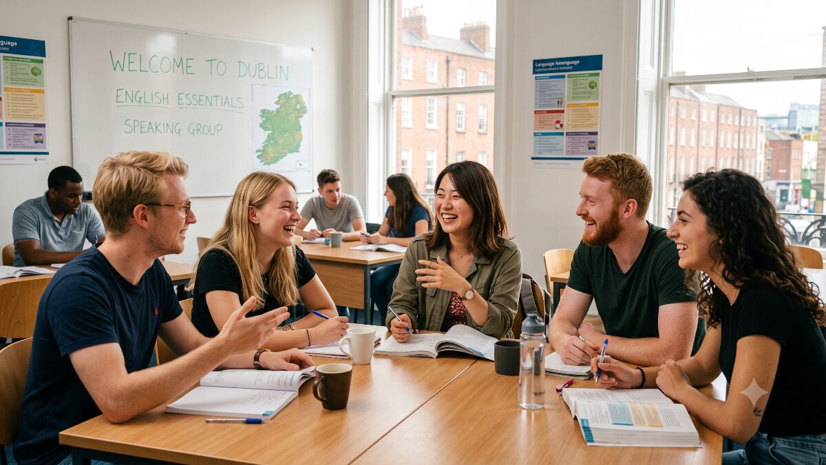 語学学校で多国籍な留学生たちと英語でコミュニケーションをとる日本人留学生